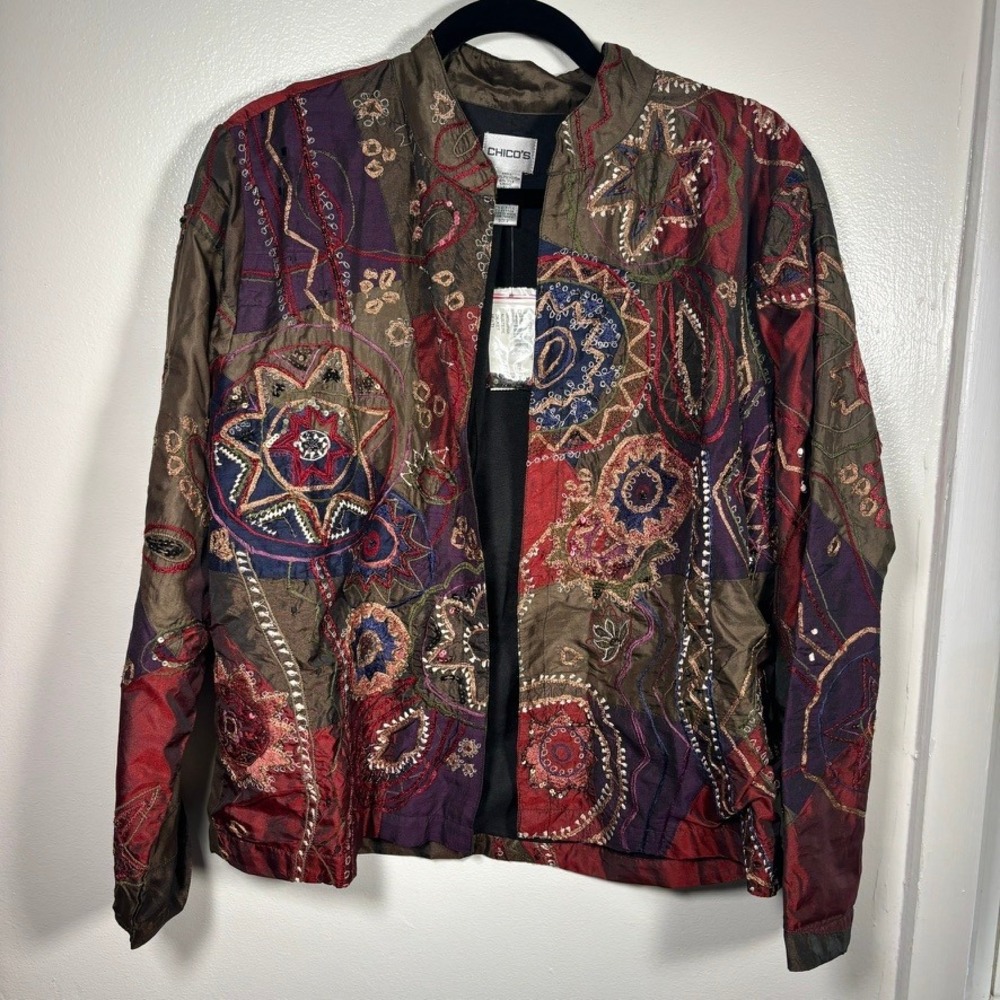 NEW Chico's Messinia Austere Jacket Women Sz L Silk Art To Wear Embroidered Boho